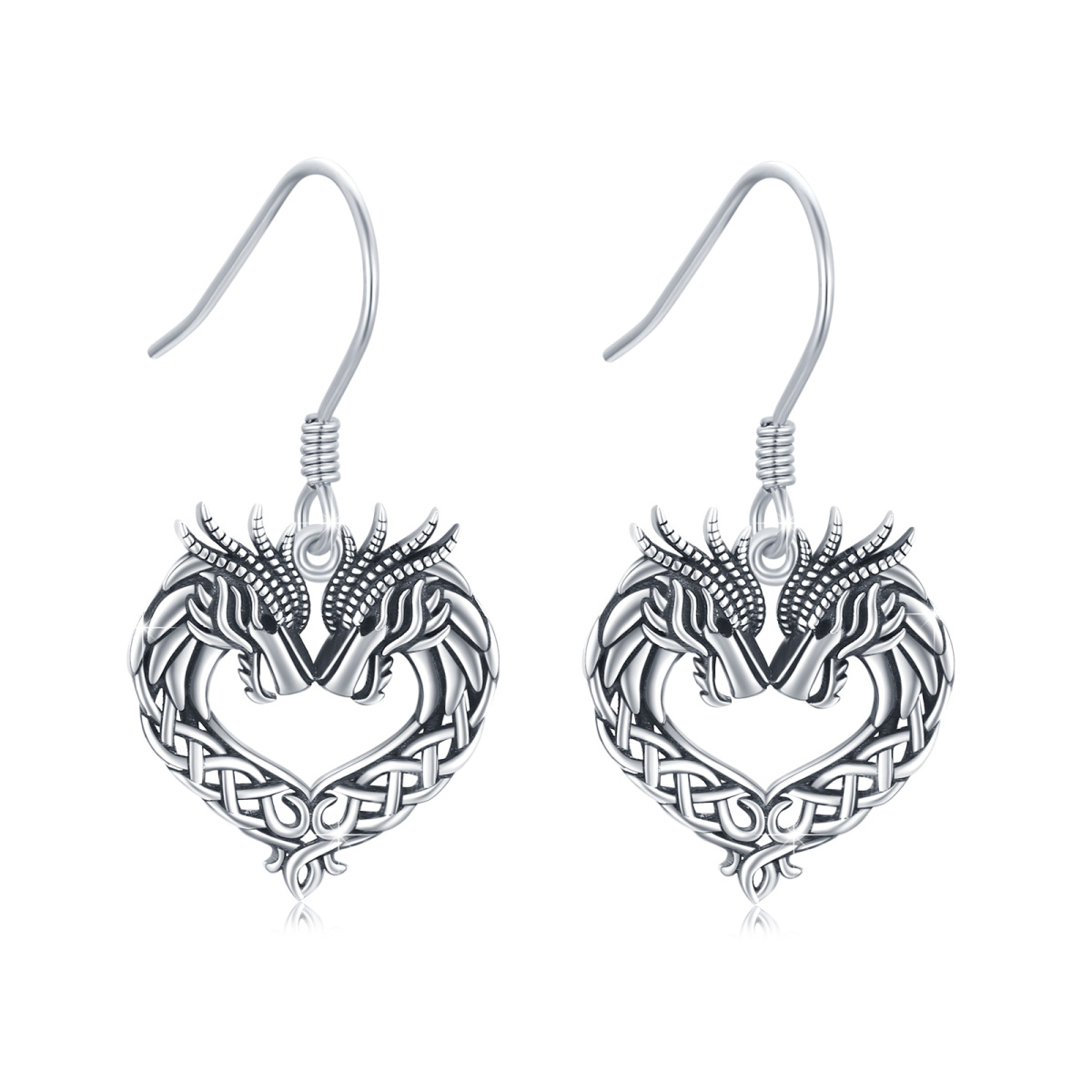 Sterling Silver Dragon & Heart Drop Earrings-1