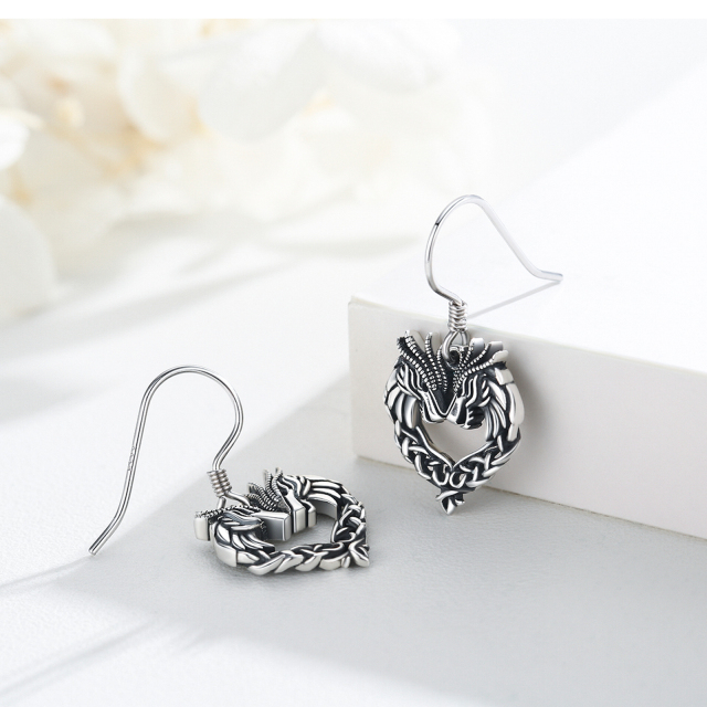 Sterling Silver Dragon & Heart Drop Earrings-2