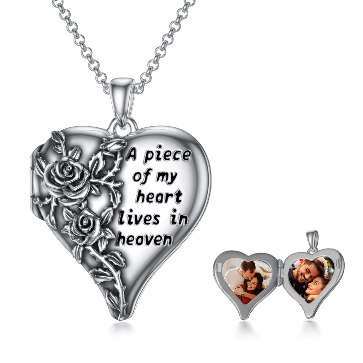 Sterling Silver Rose & Heart Personalized Photo Locket Necklace with Engraved Word-1