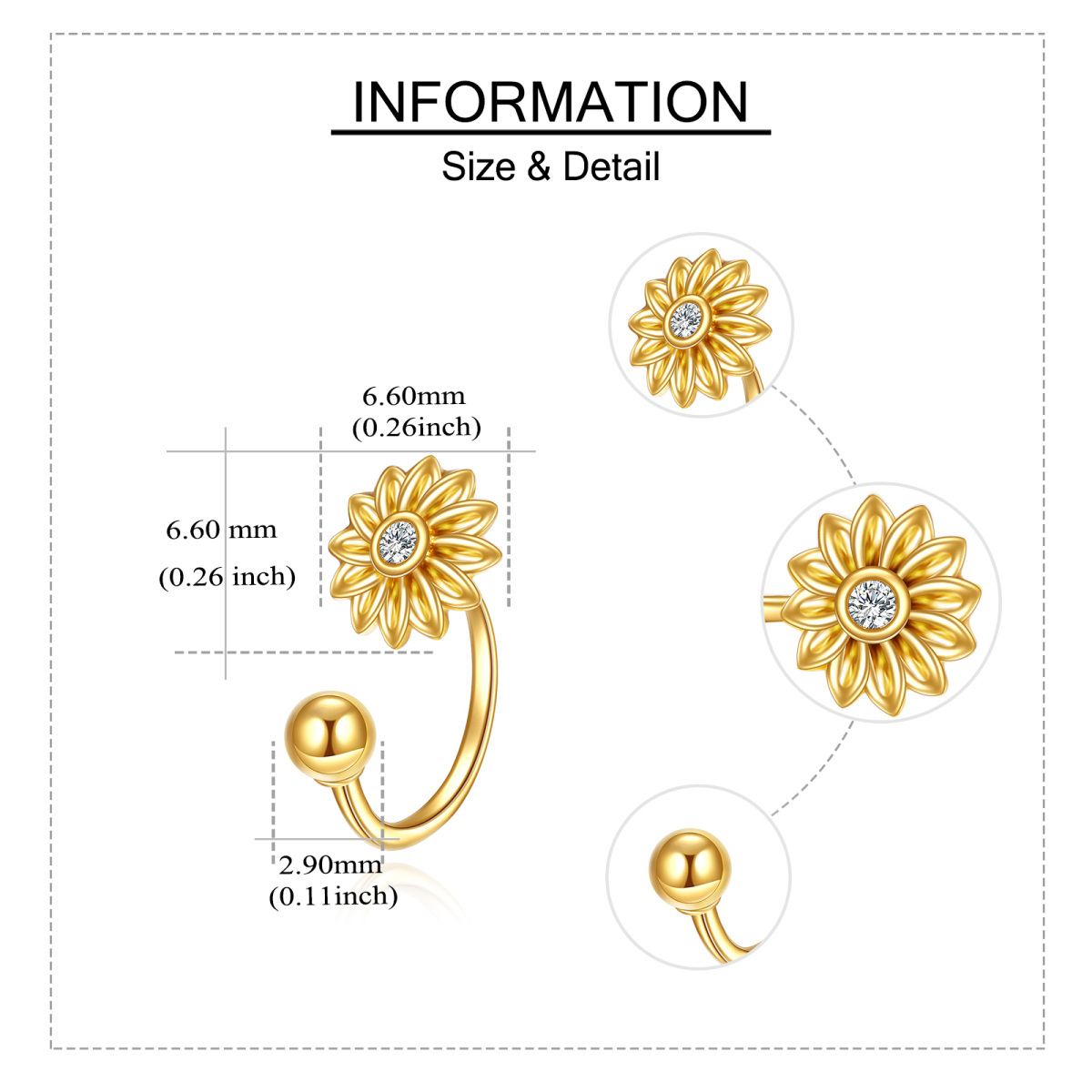14K Gold Circular Shaped Cubic Zirconia Sunflower Stud Earrings-6