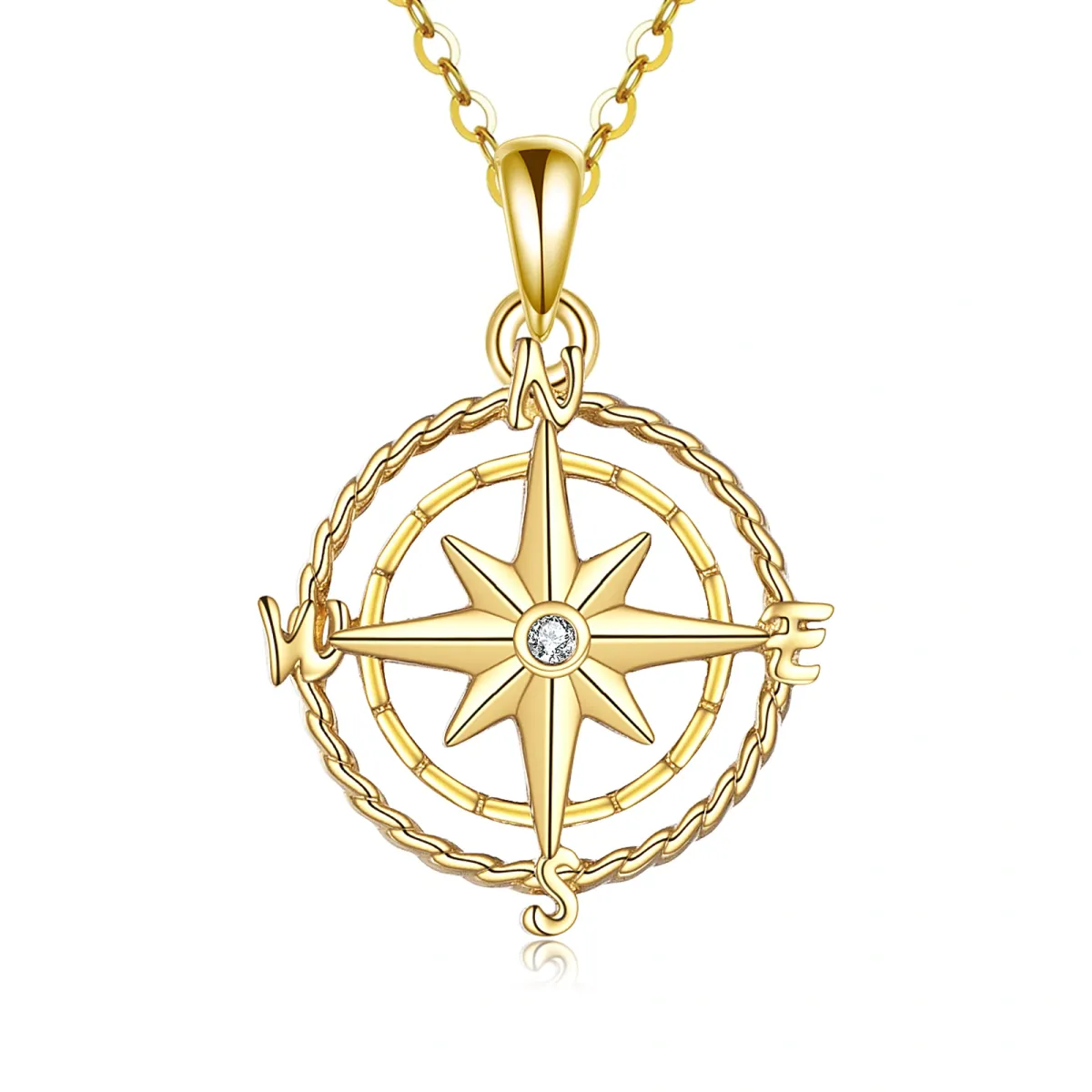 14K Gold Circular Shaped Cubic Zirconia Compass Pendant Necklace-1