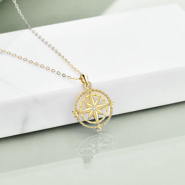 14K Gold Circular Shaped Cubic Zirconia Compass Pendant Necklace-2