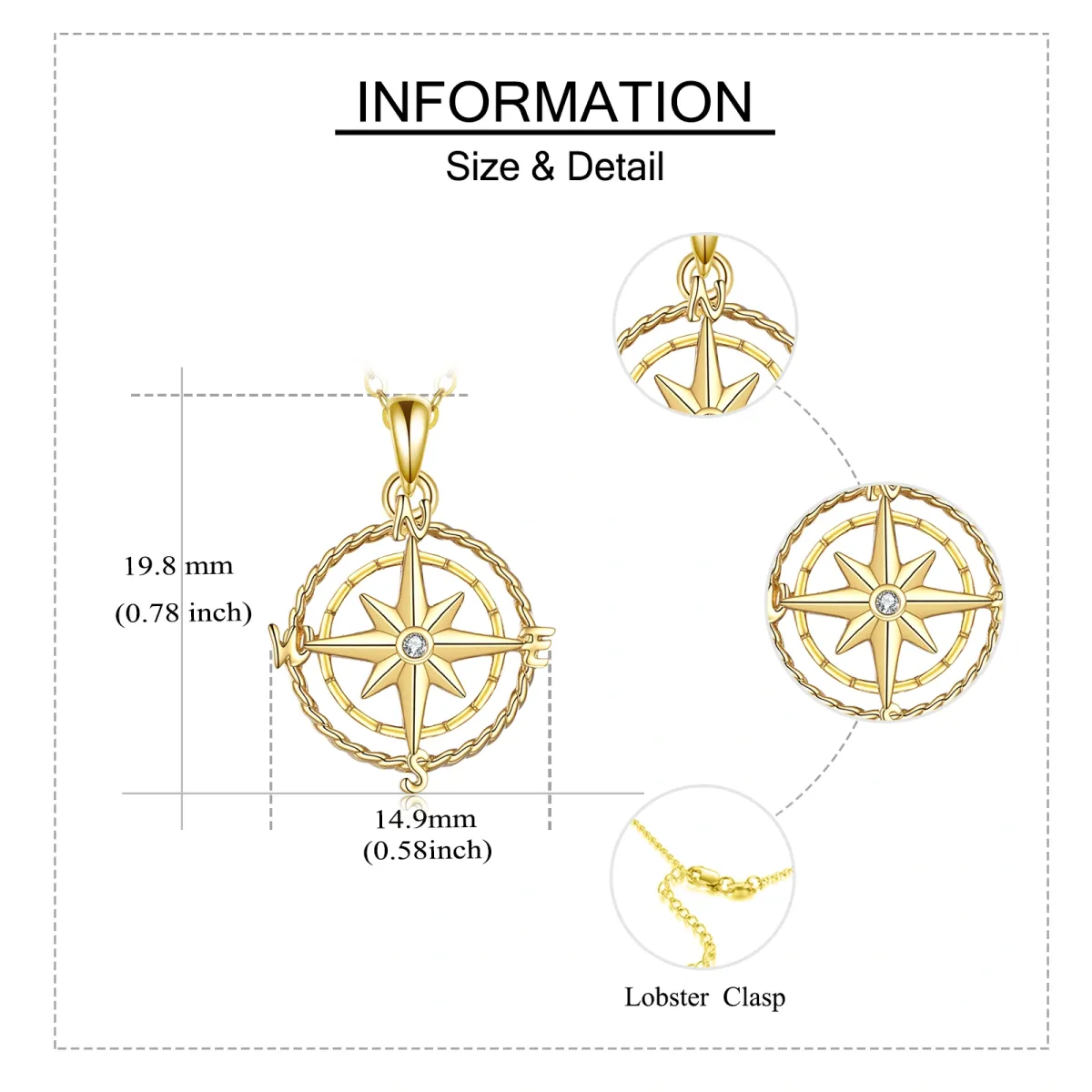 14K Gold kreisförmig kubischer Zirkonia Kompass Anhänger Halskette-6