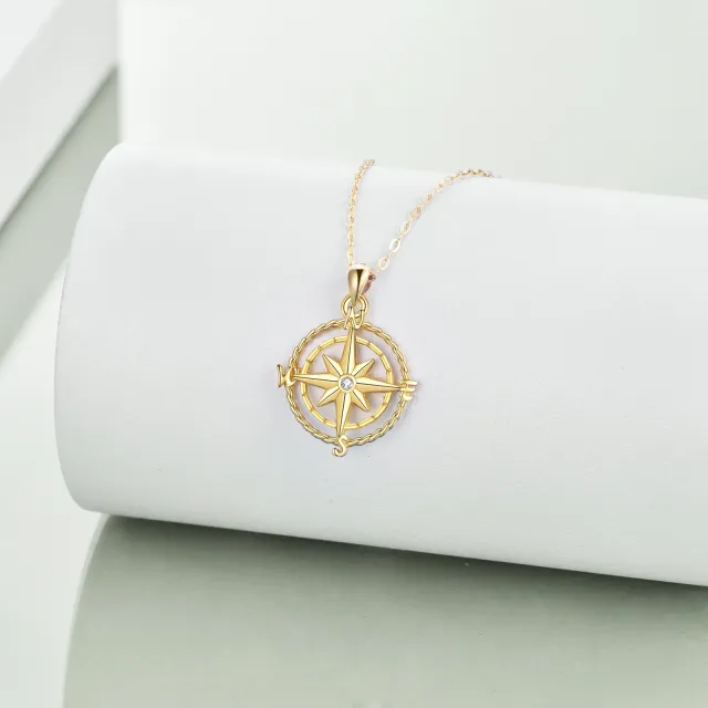 14K Gold Circular Shaped Cubic Zirconia Compass Pendant Necklace-4