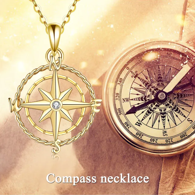 14K Gold Circular Shaped Cubic Zirconia Compass Pendant Necklace-3