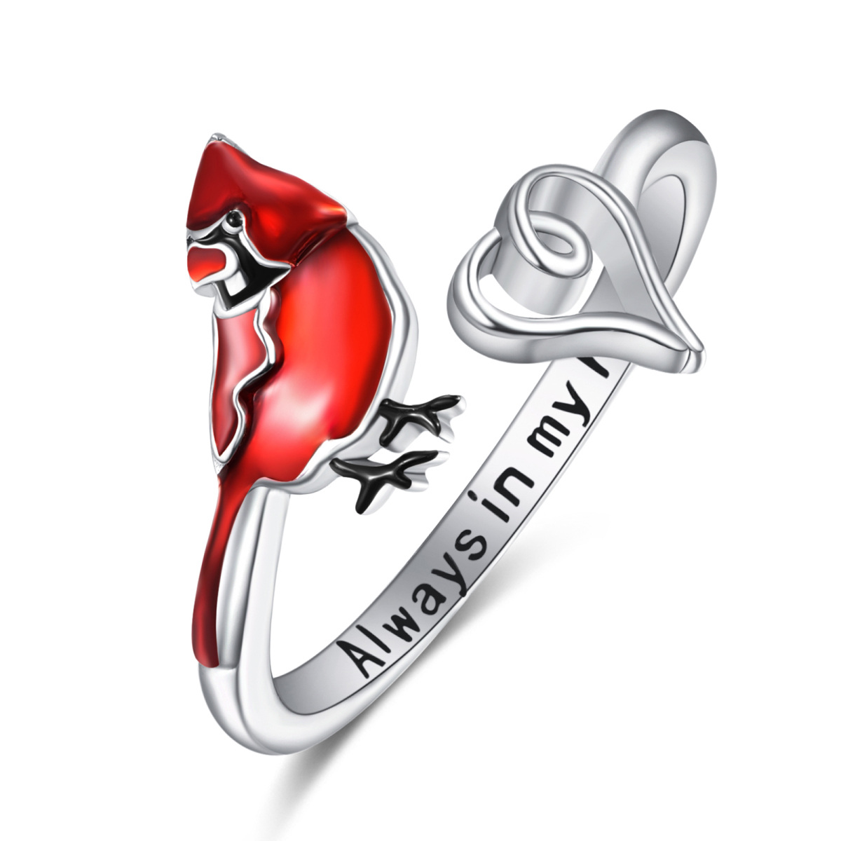 Sterling Silver Cardinal & Heart Open Ring with Engraved Word-1