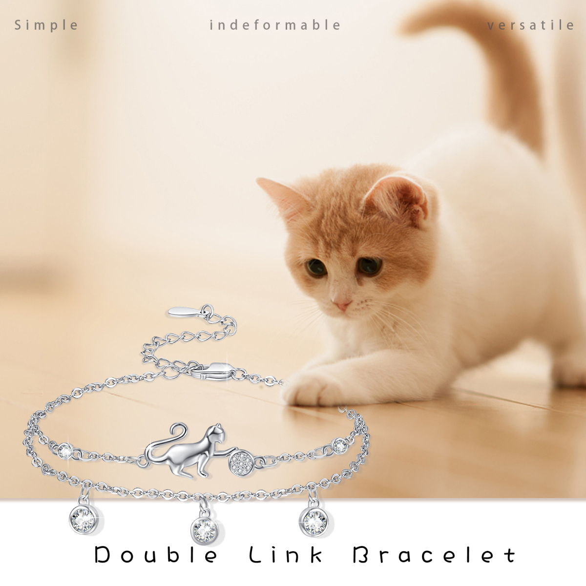 Sterling Silver Circular Shaped Cubic Zirconia Cat Layerered Bracelet-6