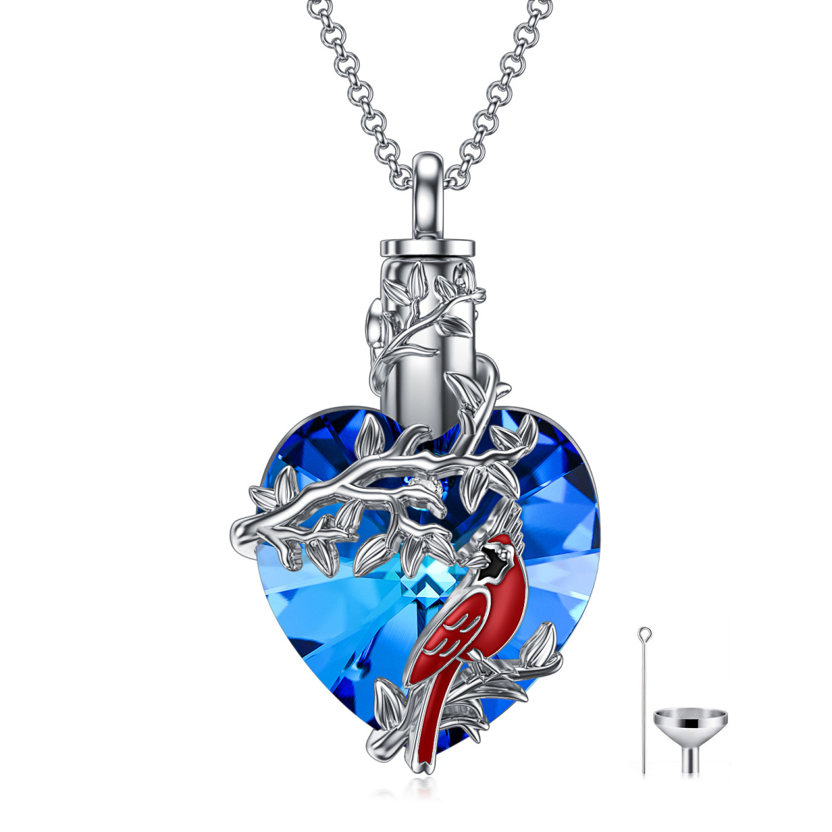 Sterling Silver Heart Shaped Crystal Cardinal & Heart Urn Necklace for Ashes-1