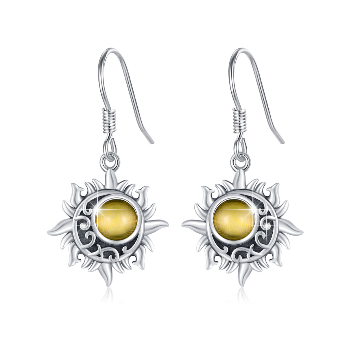 Sterling Silver Circular Shaped Cat's Eye Stone Sun Drop Earrings-1