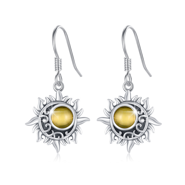 Sterling Silver Circular Shaped Cat's Eye Stone Sun Drop Earrings-4