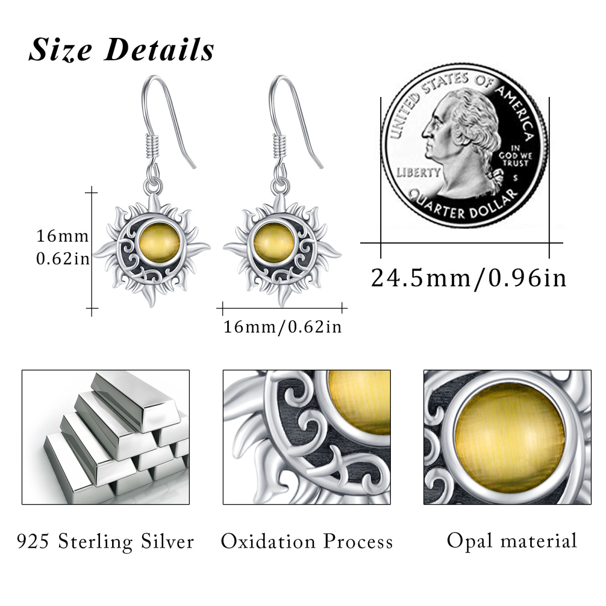 Sterling Silver Circular Shaped Cat's Eye Stone Sun Drop Earrings-5