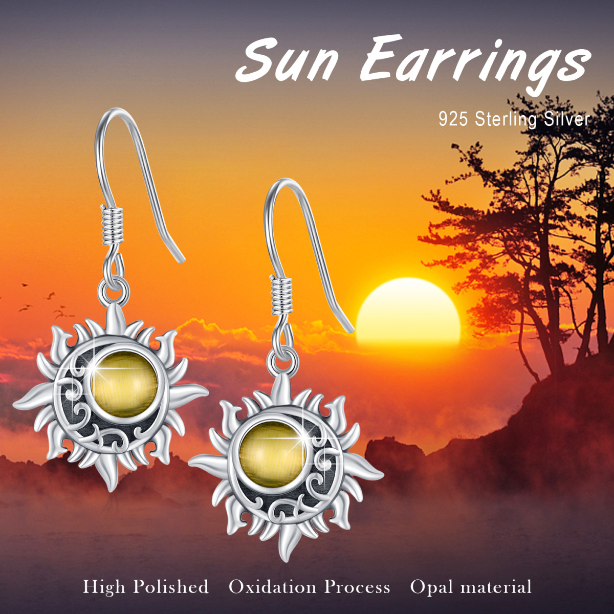 Sterling Silver Circular Shaped Cat's Eye Stone Sun Drop Earrings-6