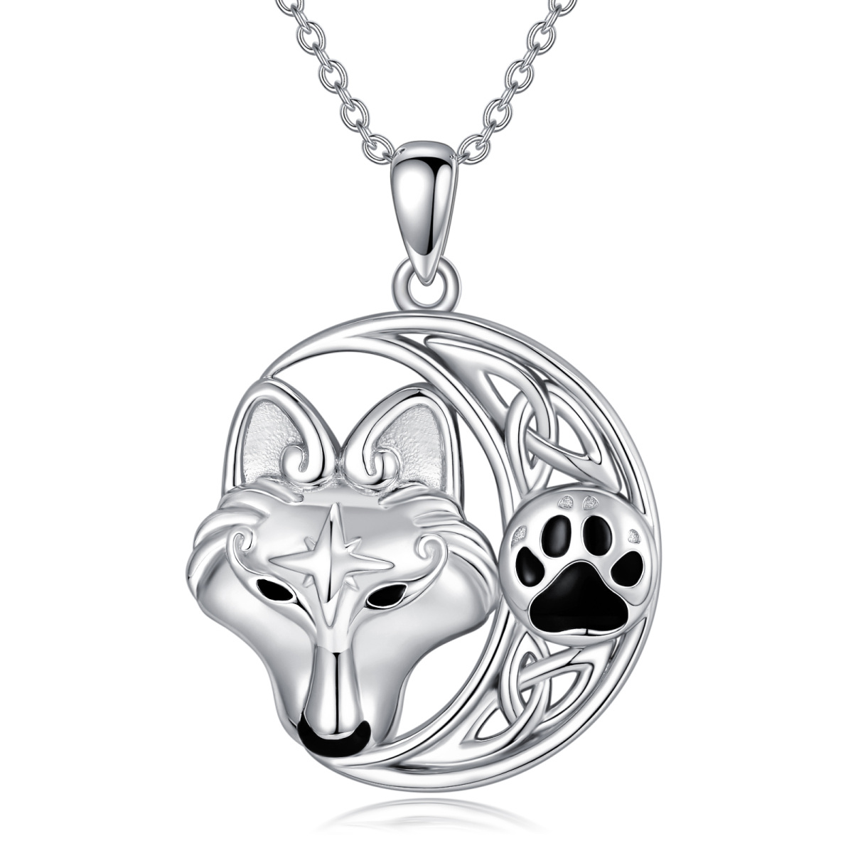 Sterling Silver Wolf & Celtic Knot & Viking Rune Pendant Necklace-1