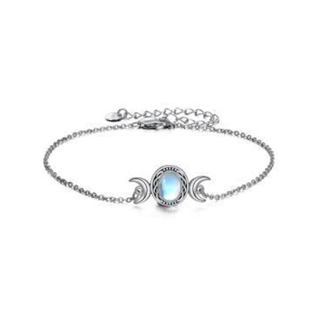 Sterling Silver Oval Shaped Moonstone Moon Single Chain Anklet-1