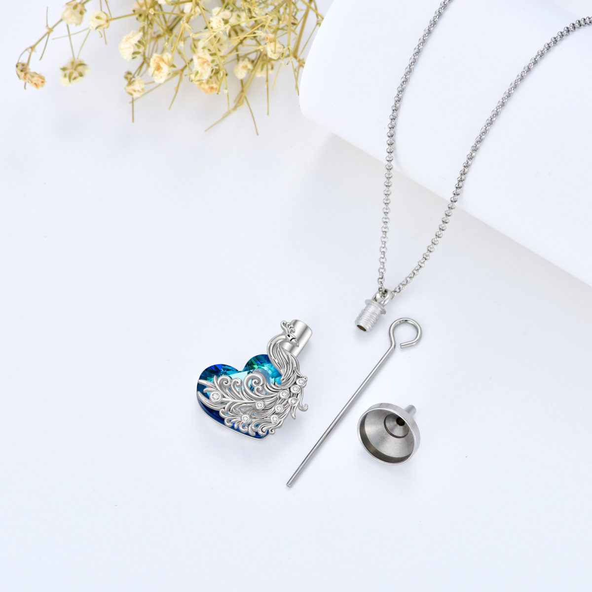 Sterling Silver Circular Shaped & Heart Shaped Crystal & Cubic Zirconia Peacock & Heart Urn Necklace for Ashes-4