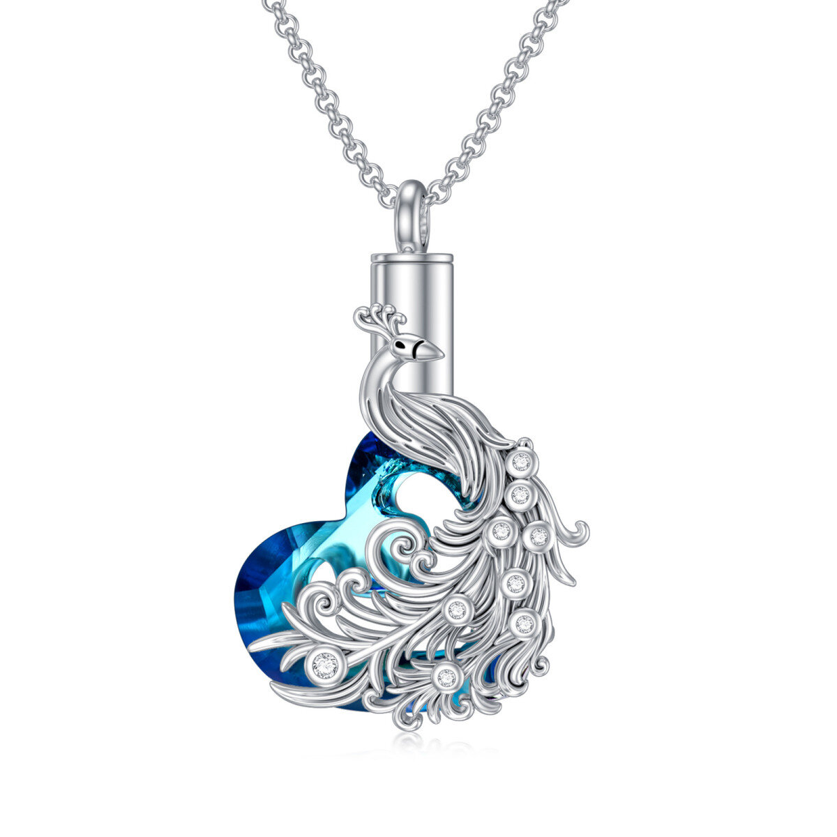 Sterling Silver Circular Shaped & Heart Shaped Crystal & Cubic Zirconia Peacock & Heart Urn Necklace for Ashes-1