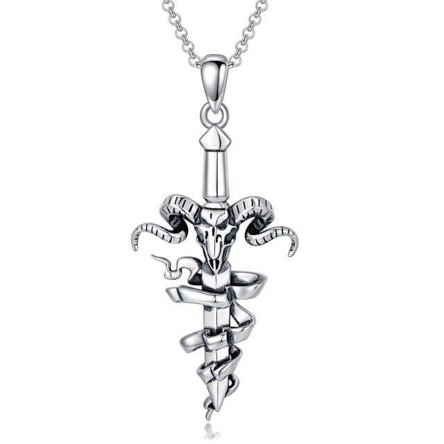Sterling Silver Cross & Skull & Sword Pendant Necklace for Men-0
