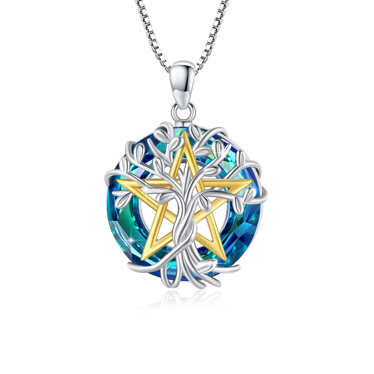 Sterling Silver Tree Of Life & Pentagram Circle Blue Crystal Pendant Necklace-1