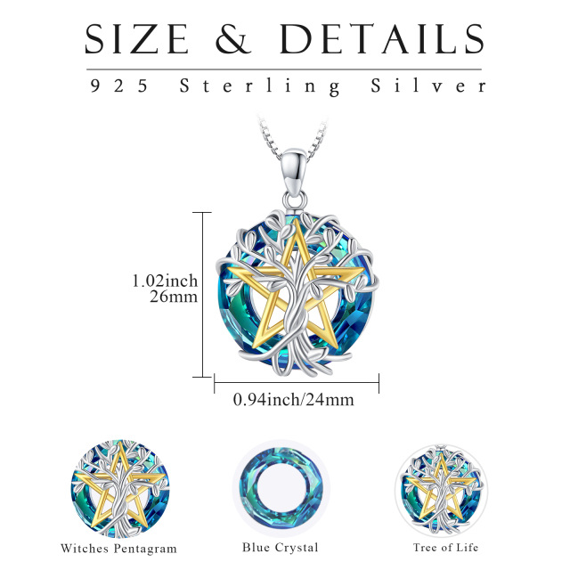 Colar com pingente de prata esterlina com árvore da vida e círculo de pentagrama em cristal azul-4