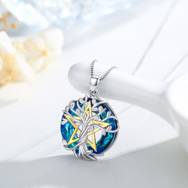 Colar com pingente de prata esterlina com árvore da vida e círculo de pentagrama em cristal azul-3