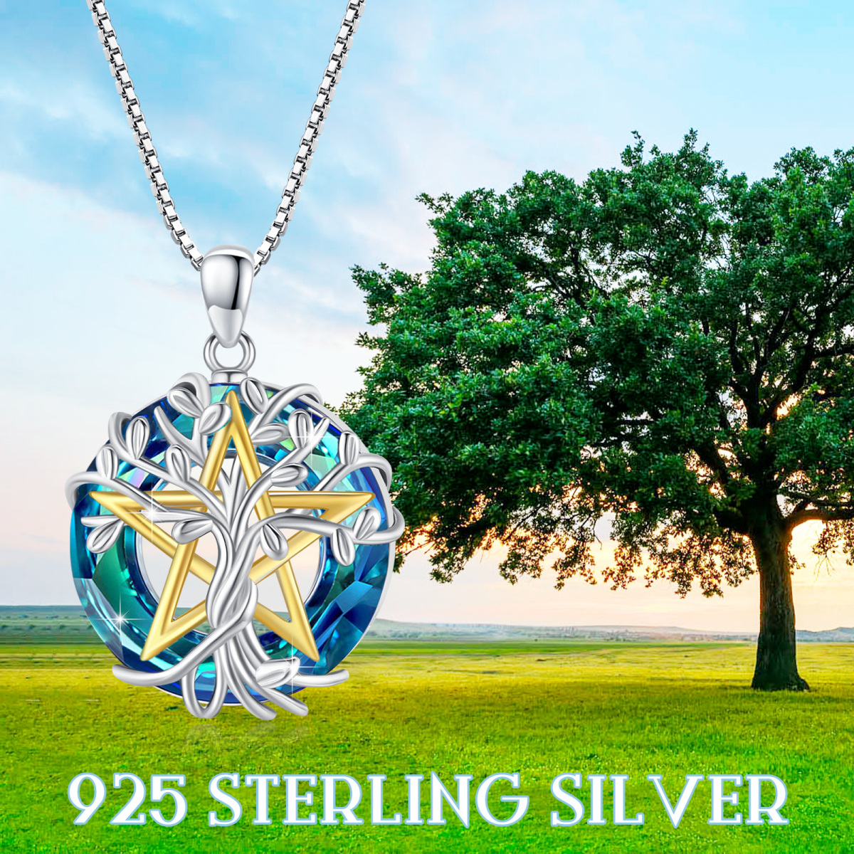 Sterling Silver Tree Of Life & Pentagram Circle Blue Crystal Pendant Necklace-6