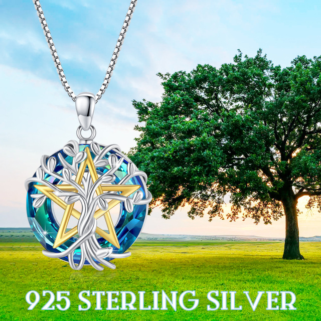 Sterling Silver Tree Of Life & Pentagram Circle Blue Crystal Pendant Necklace-5