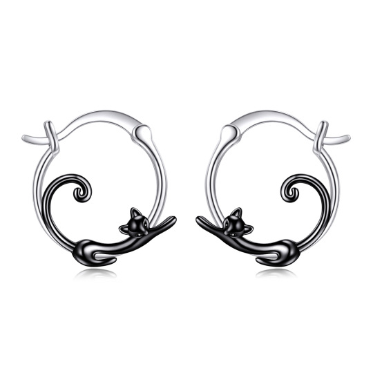 Sterling Silver Two-tone Cat Hoop Earrings