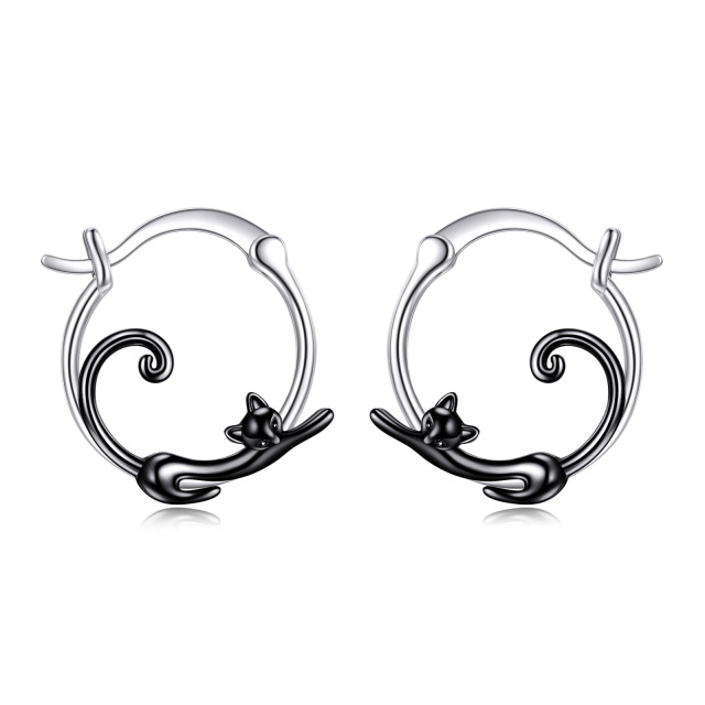 Sterling Silver Two-tone Cat Hoop Earrings-0