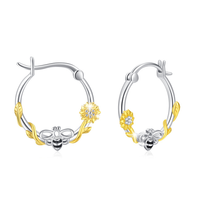 Sterling Silver Two-tone Bee & Sunflower Hoop Earrings-1