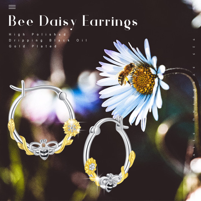 Sterling Silver Two-tone Bee & Sunflower Hoop Earrings-6