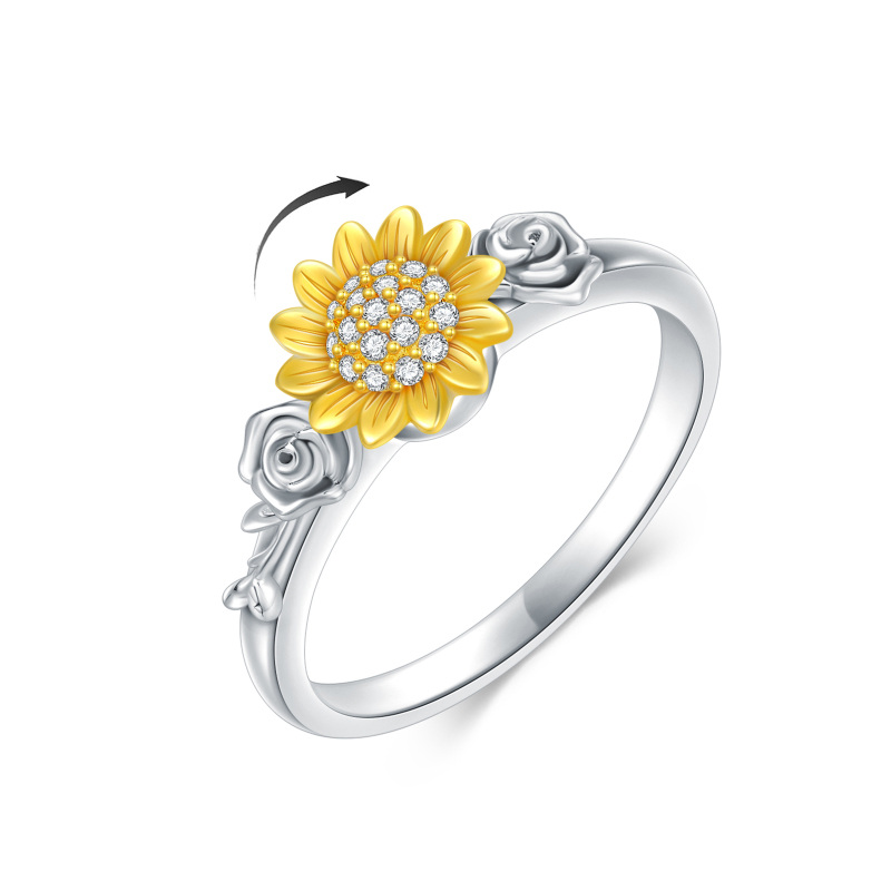 Sterling Silver Two-tone Cubic Zirconia Rose & Sunflower Spinner Ring