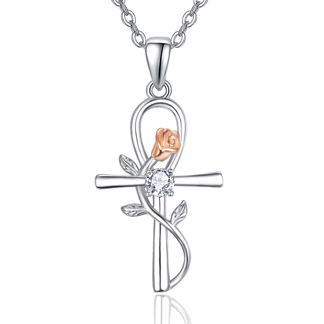 Sterling Silver Zircon Rose & Ankh Pendant Necklace-0