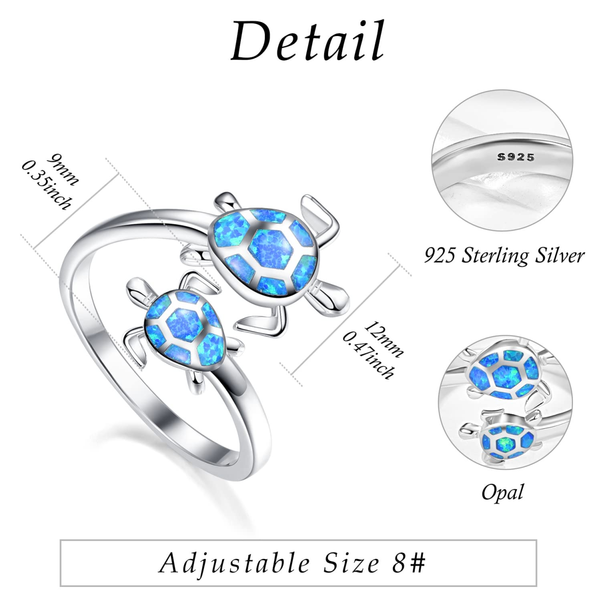 Bague ouverte en argent sterling avec tortue de mer en opale-6