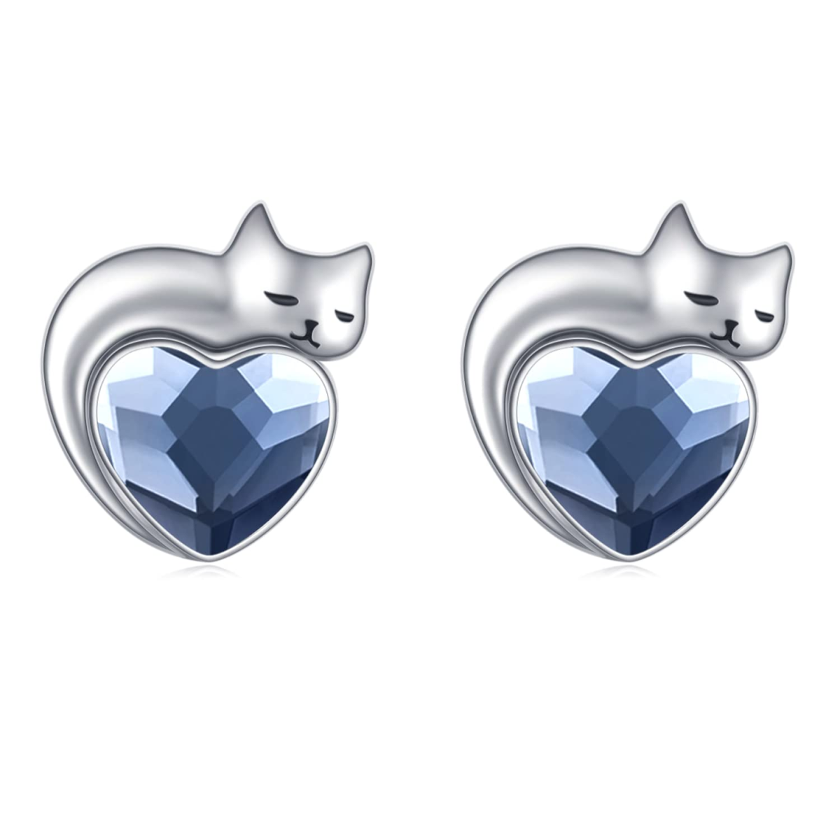 Sterling Silver Heart Shaped Crystal Cat & Heart Stud Earrings-1