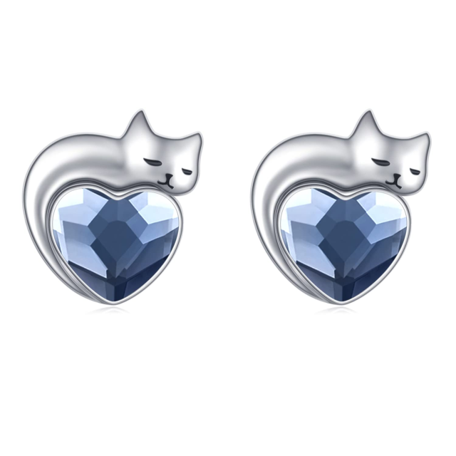 Sterling Silver Heart Shaped Crystal Cat & Heart Stud Earrings-0