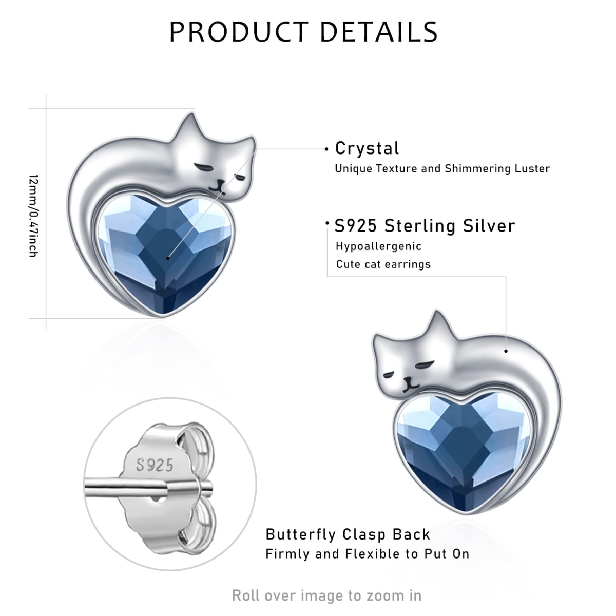 Sterling Silber Herz geformt Kristall Katze & Herz Ohrstecker-5