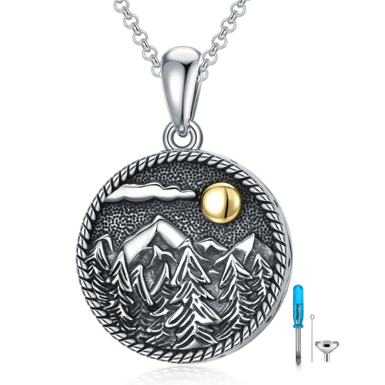 Collier d'urne pour cendres en argent sterling bicolore Montagnes. Arbre et Soleil