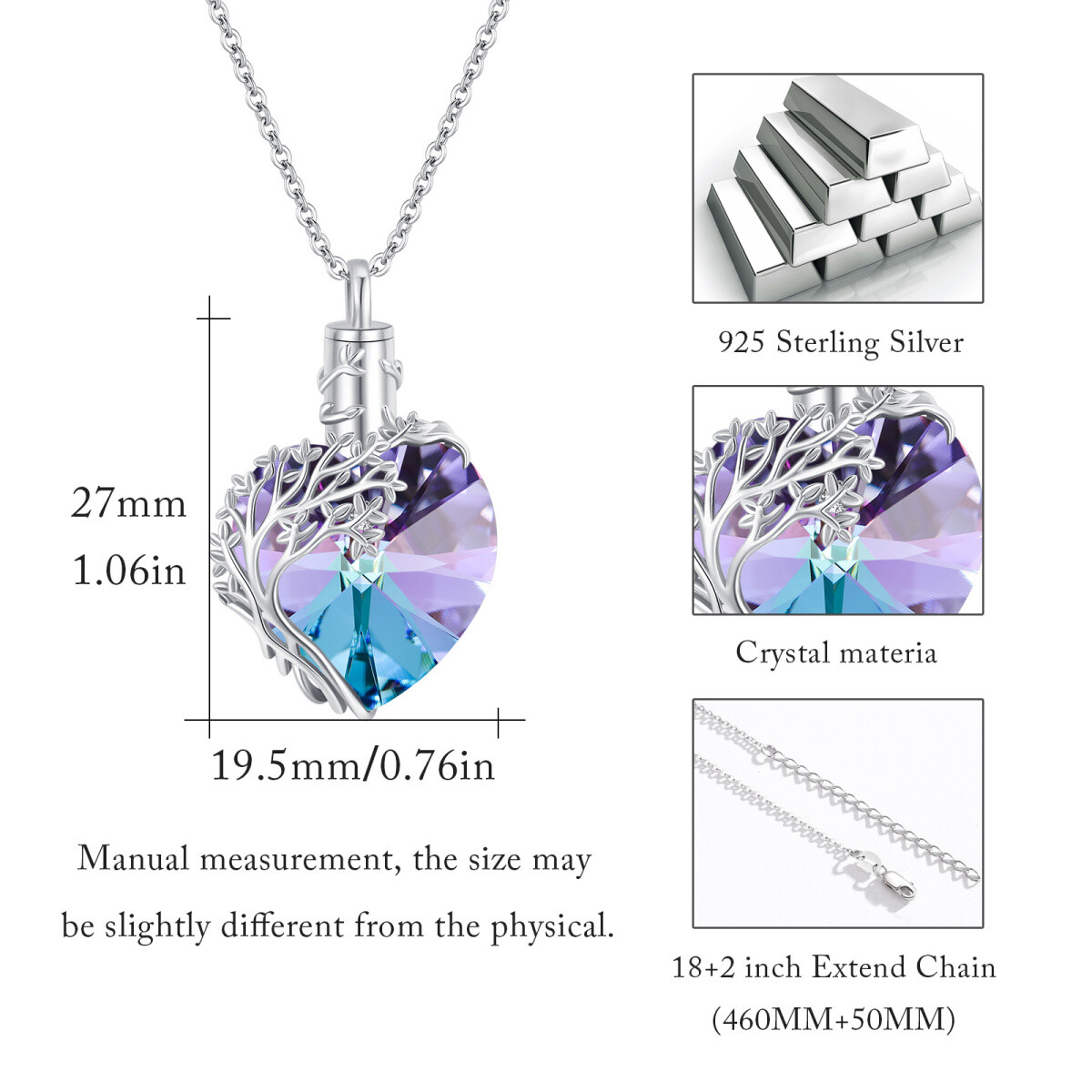 Sterling Silver Tree Of Life & Heart Crystal Cremation Jewelry Urn Necklace for Ashes-7