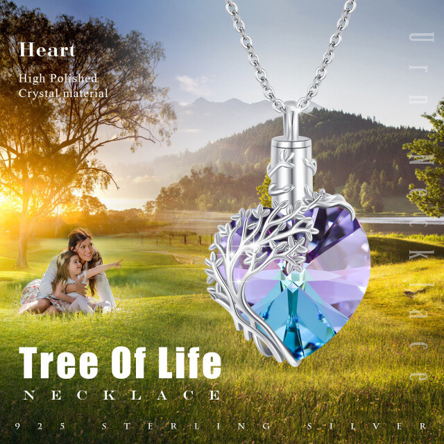 Plata de Ley Árbol de la Vida y Corazón de Cristal Cremación Joyería Urna Collar para cenizas-5