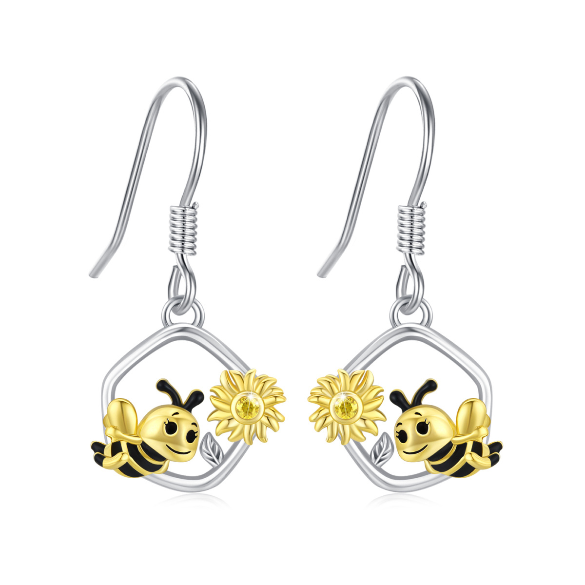 Sterling Silver Bee & Sunflower Drop Earrings-1