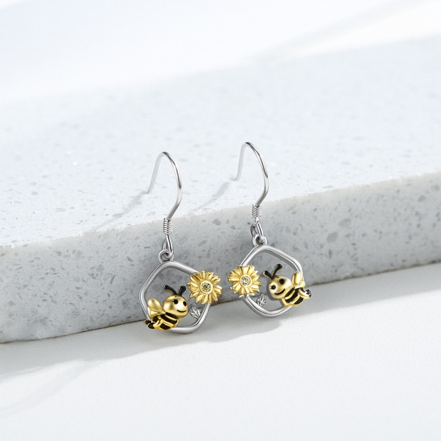 Sterling Silver Bee & Sunflower Drop Earrings-3