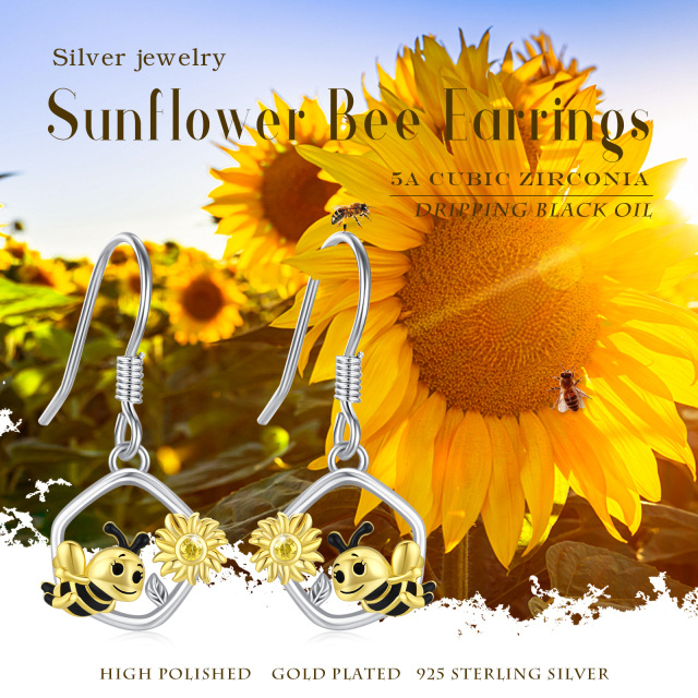 Pendants d'oreilles abeille et tournesol en argent sterling-2