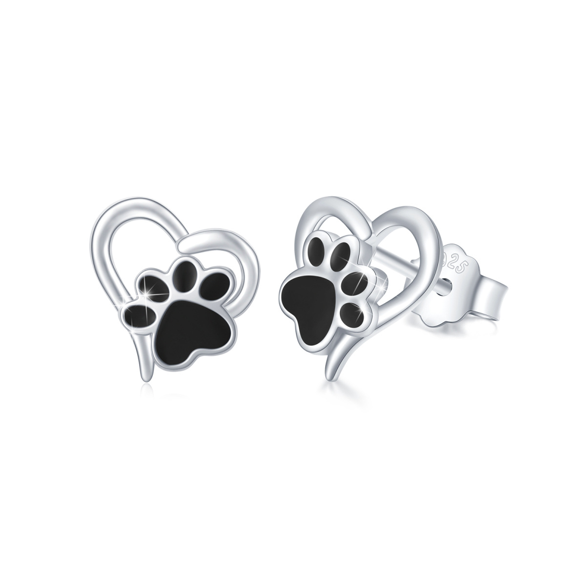 Sterling Silver Paw & Heart Stud Earrings-1