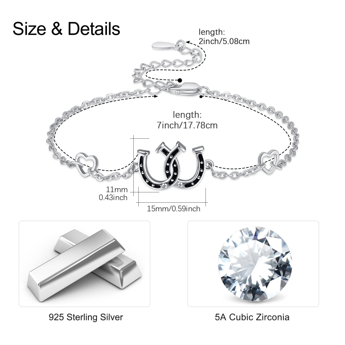 Sterling Silver Cubic Zirconia Heart & Horseshoe Pendant Bracelet-4