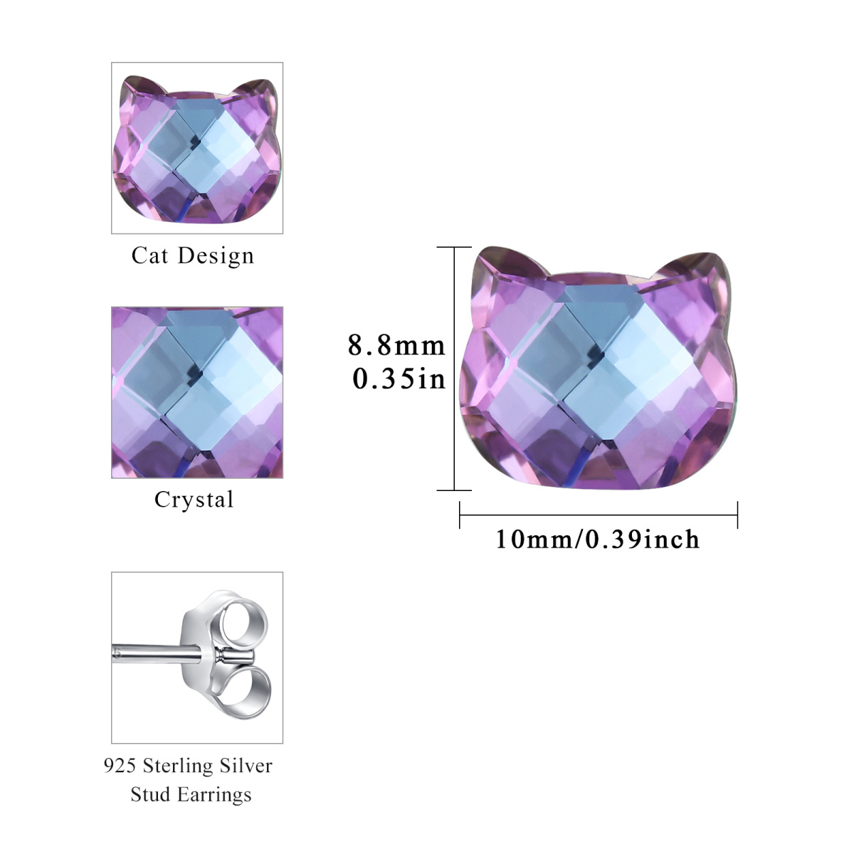 Sterling Silver Crystal Cat Stud Earrings-5