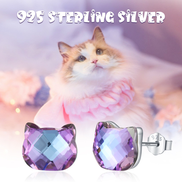 Sterling Silver Crystal Cat Stud Earrings-3