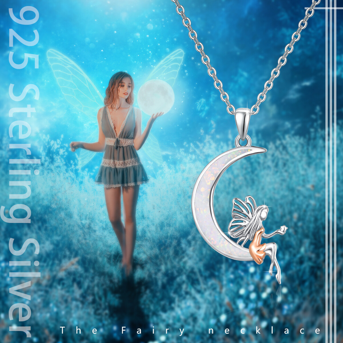 Sterling Silver Opal Butterfly & Fairy Pendant Necklace-6