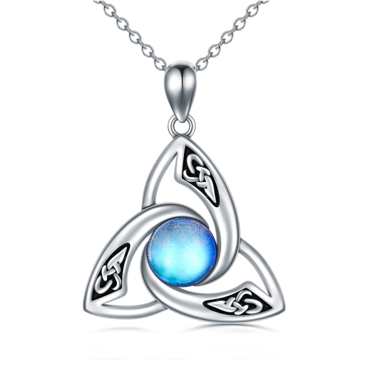 Sterling Silver Round Moonstone Triquetra Celtic Knot & Moon Pendant Necklace-1
