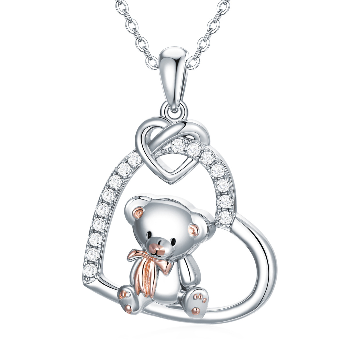 Sterling Silver Two-tone Cubic Zirconia Bear & Heart Pendant Necklace-1