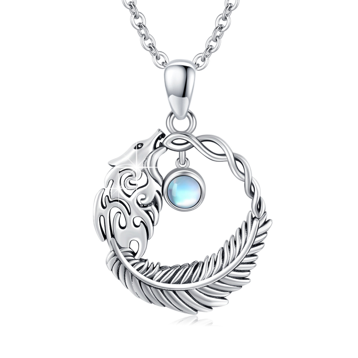 Sterling Silver Moonstone Wolf Pendant Necklace-1